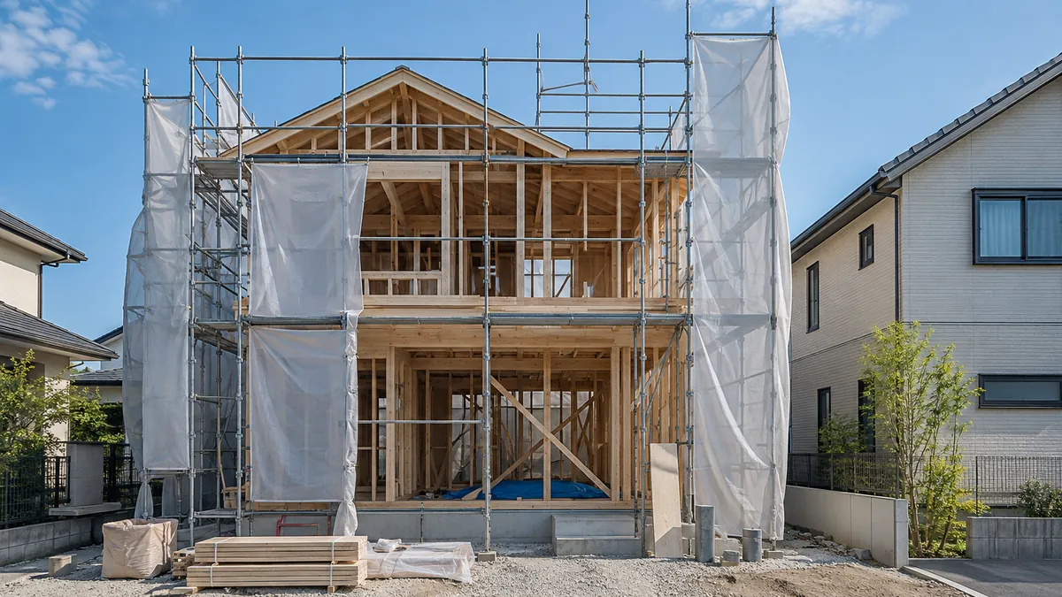 建築中の木造住宅と、隣に建つ完成した家